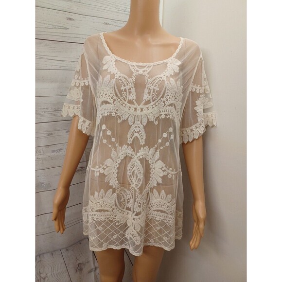 Umgee Women's Short Sleeve See Through Lace Floral Detailed Top Ivory S/M - Picture 1 of 10